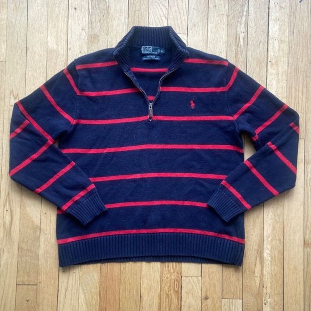 Vtg Polo Ralph Lauren 1/4 Zip Mens Size Large Blue‎ Red Striped Cotton
